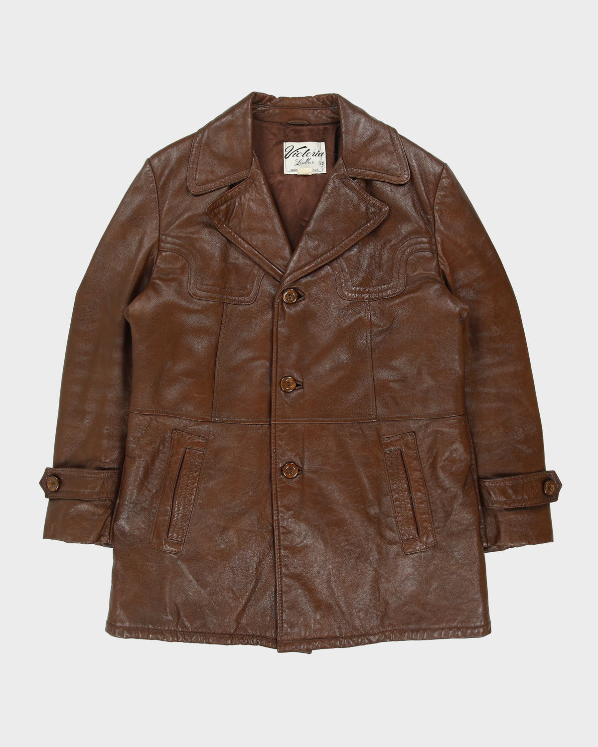 Vintage 1970s Victoria Chestnut Leather Padded Made In Canada Mid Length Lapel Coat - L