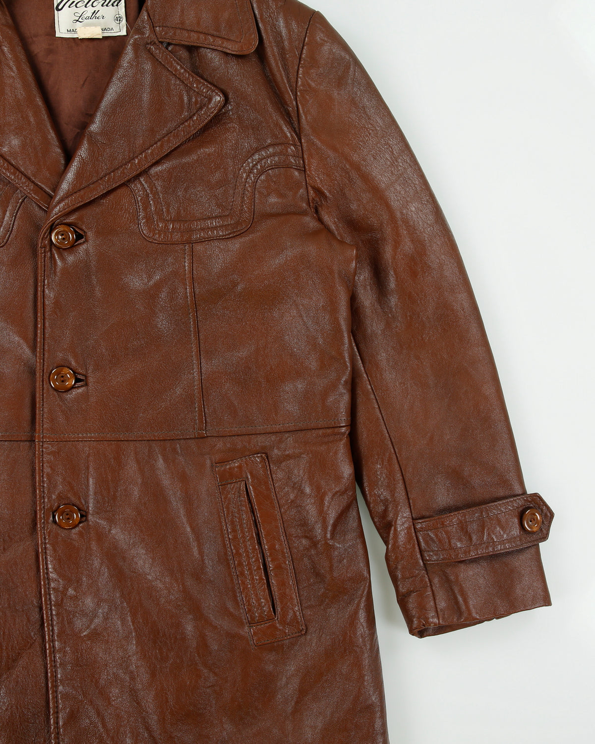 Vintage 1970s Victoria Chestnut Leather Padded Made In Canada Mid Length Lapel Coat - L