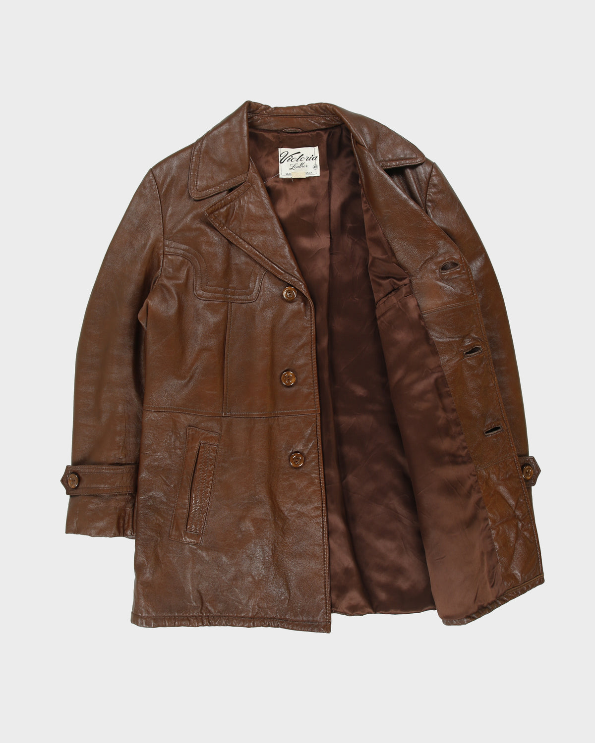 Vintage 1970s Victoria Chestnut Leather Padded Made In Canada Mid Length Lapel Coat - L