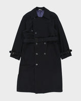 Vintage 1980s Climatiser Navy Wool Twill Double Breasted Belted Trench Coat - M