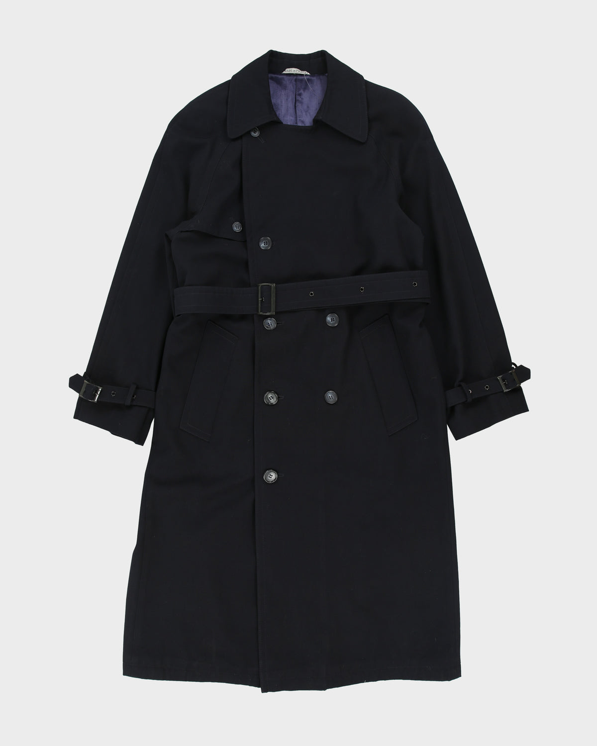 Vintage 1980s Climatiser Navy Wool Twill Double Breasted Belted Trench Coat - M