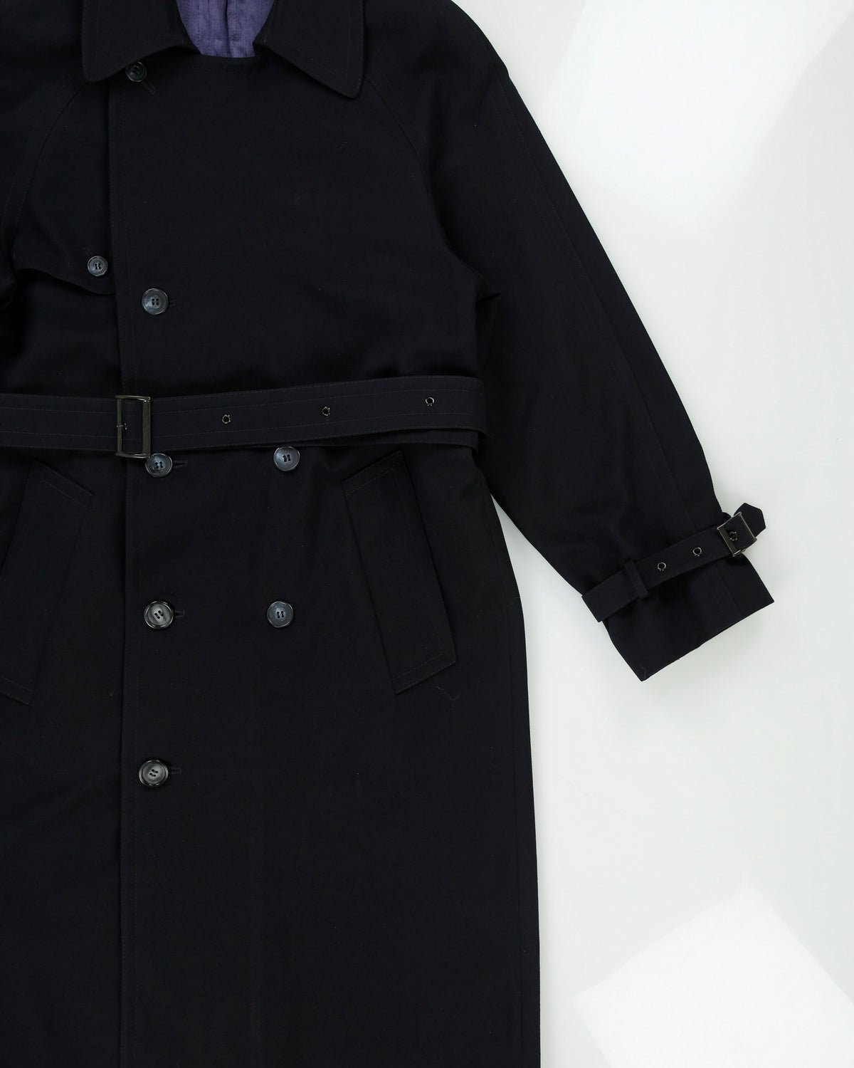 Vintage 1980s Climatiser Navy Wool Twill Double Breasted Belted Trench Coat - M