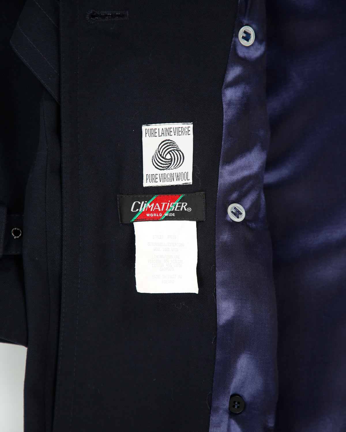 Vintage 1980s Climatiser Navy Wool Twill Double Breasted Belted Trench Coat - M