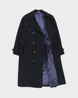 Vintage 1980s Climatiser Navy Wool Twill Double Breasted Belted Trench Coat - M