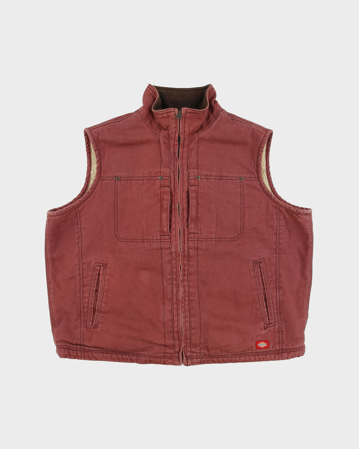 Vintage Dickies Work Brick Red Duck Canvas Sherpa Lined Gilet - XL