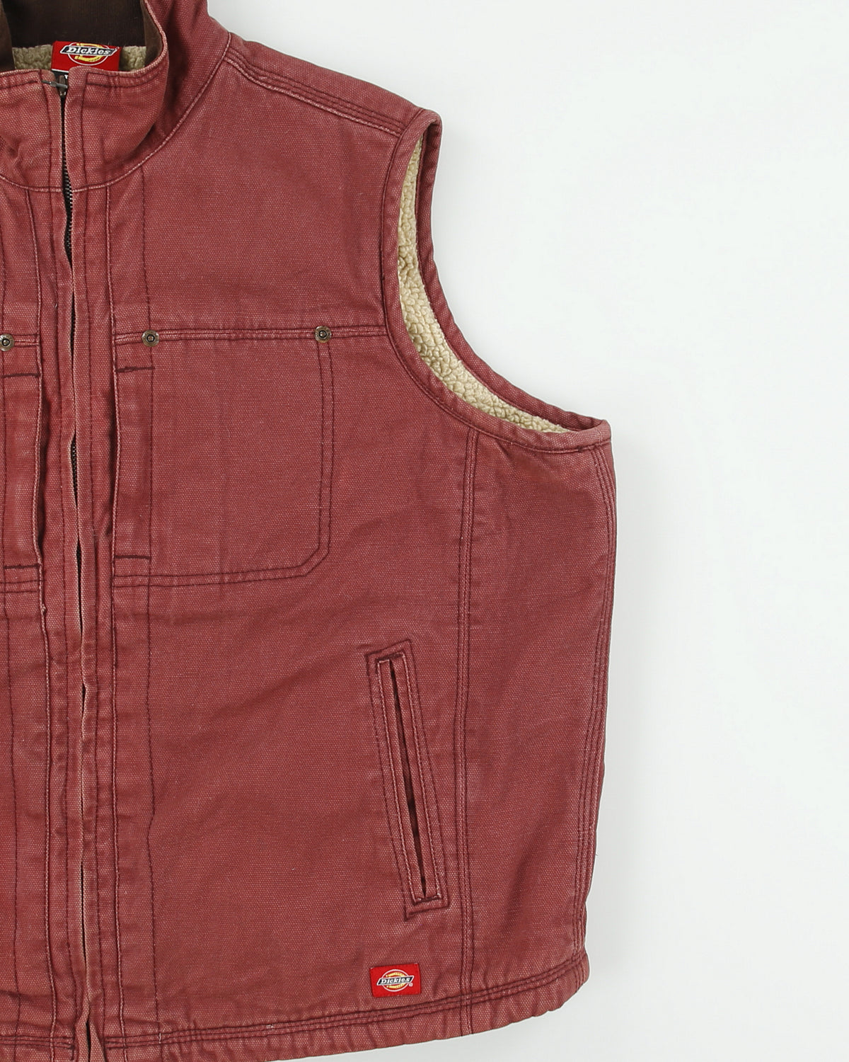Vintage Dickies Work Brick Red Duck Canvas Sherpa Lined Gilet - XL