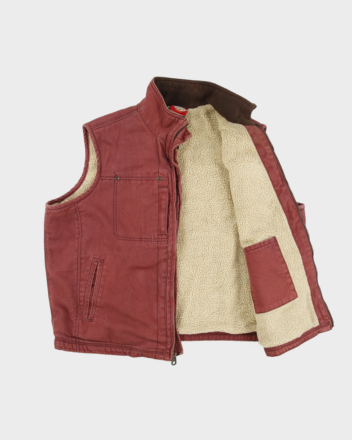 Vintage Dickies Work Brick Red Duck Canvas Sherpa Lined Gilet - XL