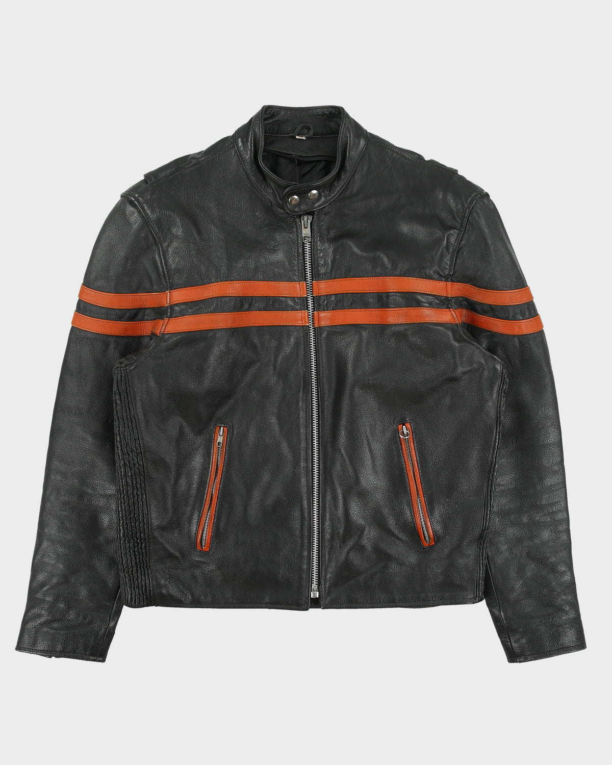 Vintage Y2K 00s Heavyweight Leather Striped Classic Cafe Racer Biker Jacket - L