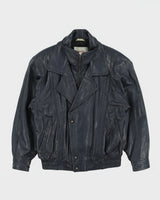 Vintage 1980s Shakespeare Italy Navy Calfskin Leather Double Breasted Bomber Jacket - S