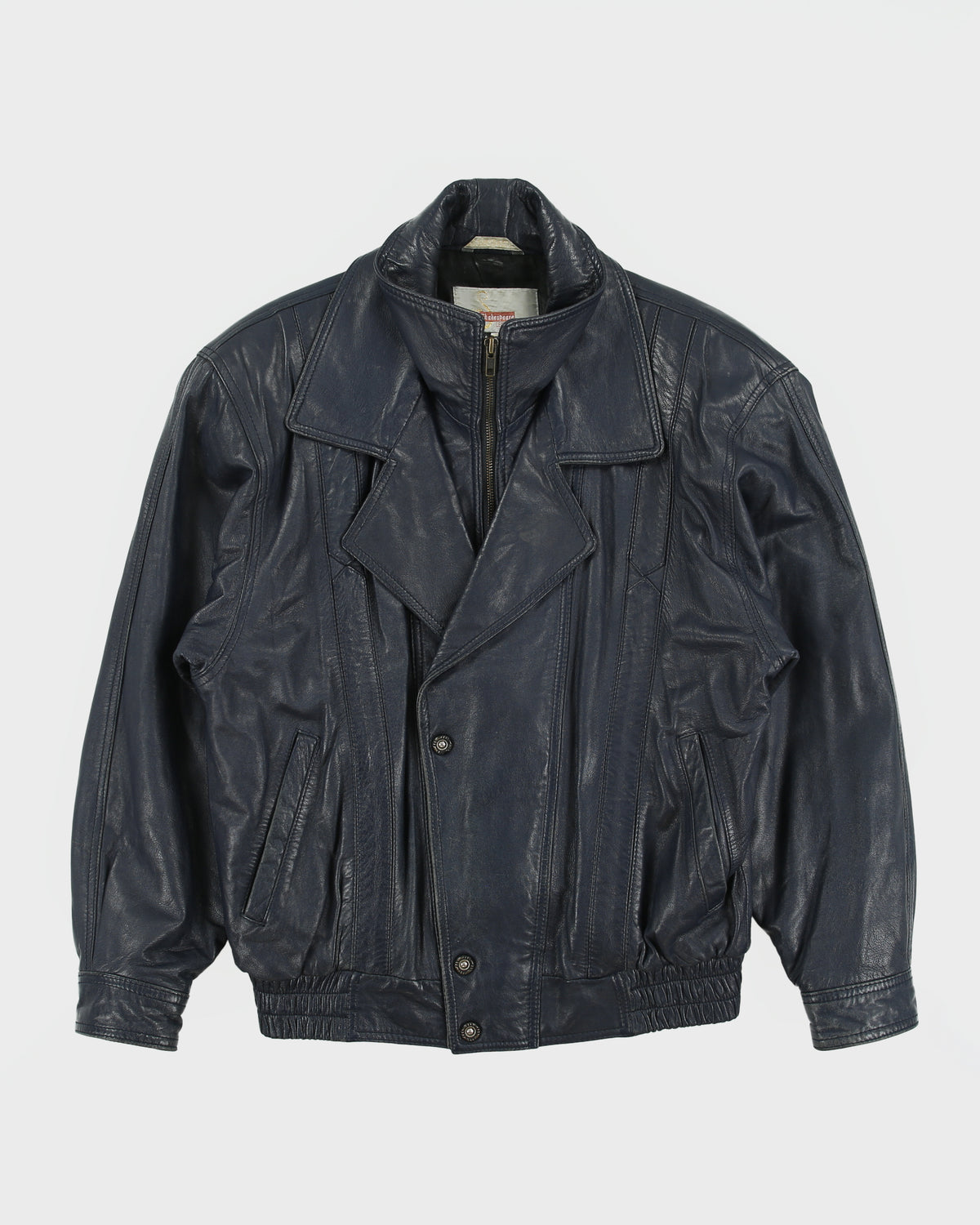 Vintage 1980s Shakespeare Italy Navy Calfskin Leather Double Breasted Bomber Jacket - S