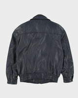 Vintage 1980s Shakespeare Italy Navy Calfskin Leather Double Breasted Bomber Jacket - S
