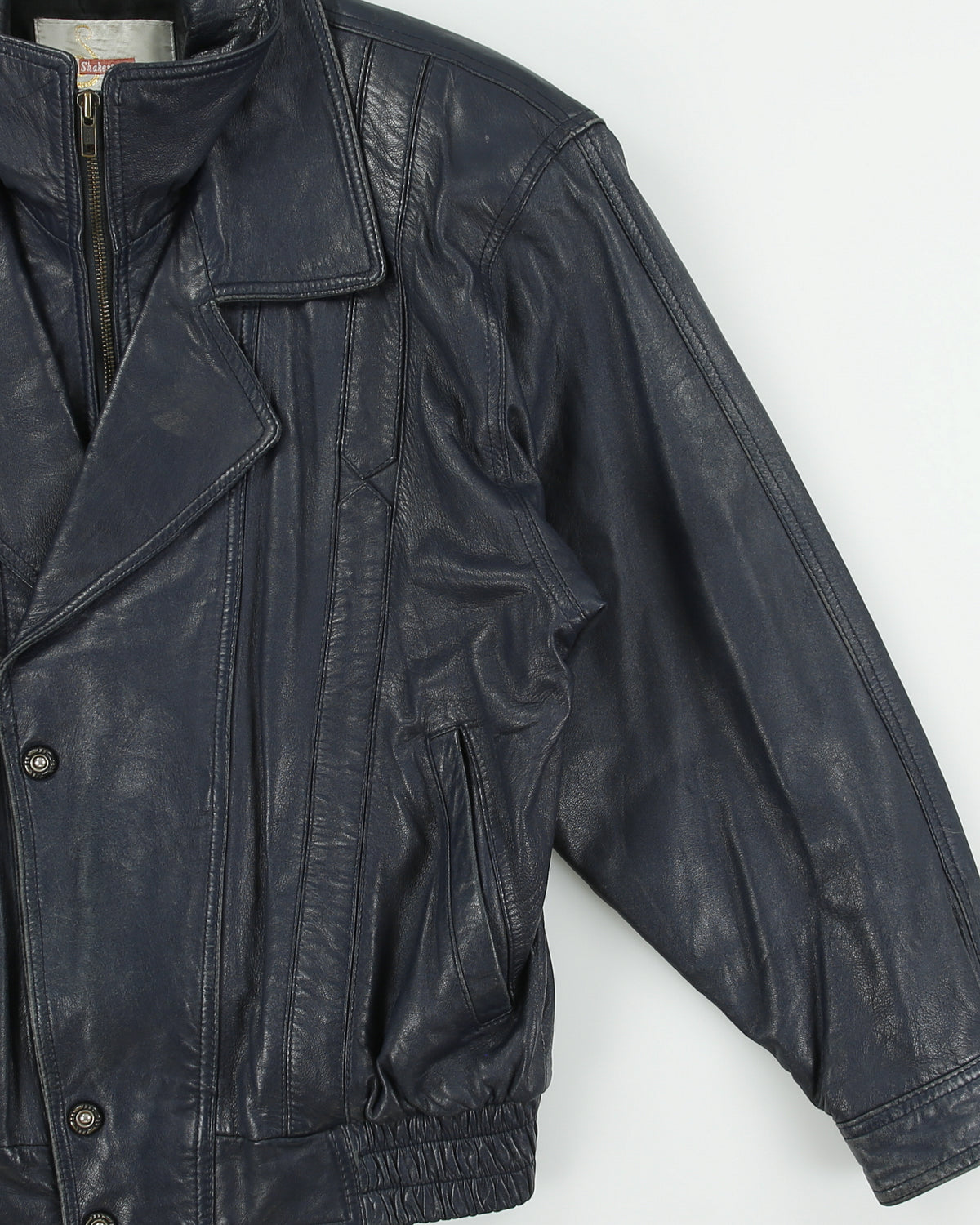 Vintage 1980s Shakespeare Italy Navy Calfskin Leather Double Breasted Bomber Jacket - S