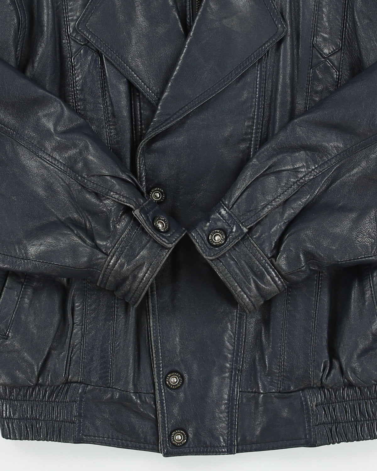 Vintage 1980s Shakespeare Italy Navy Calfskin Leather Double Breasted Bomber Jacket - S