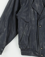 Vintage 1980s Shakespeare Italy Navy Calfskin Leather Double Breasted Bomber Jacket - S