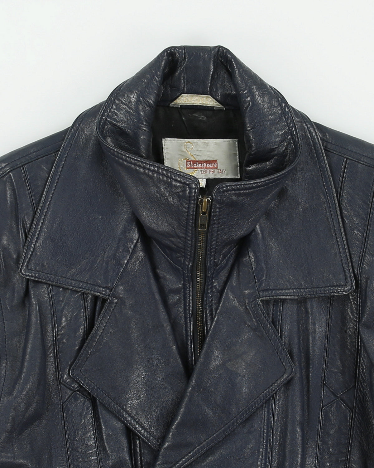 Vintage 1980s Shakespeare Italy Navy Calfskin Leather Double Breasted Bomber Jacket - S