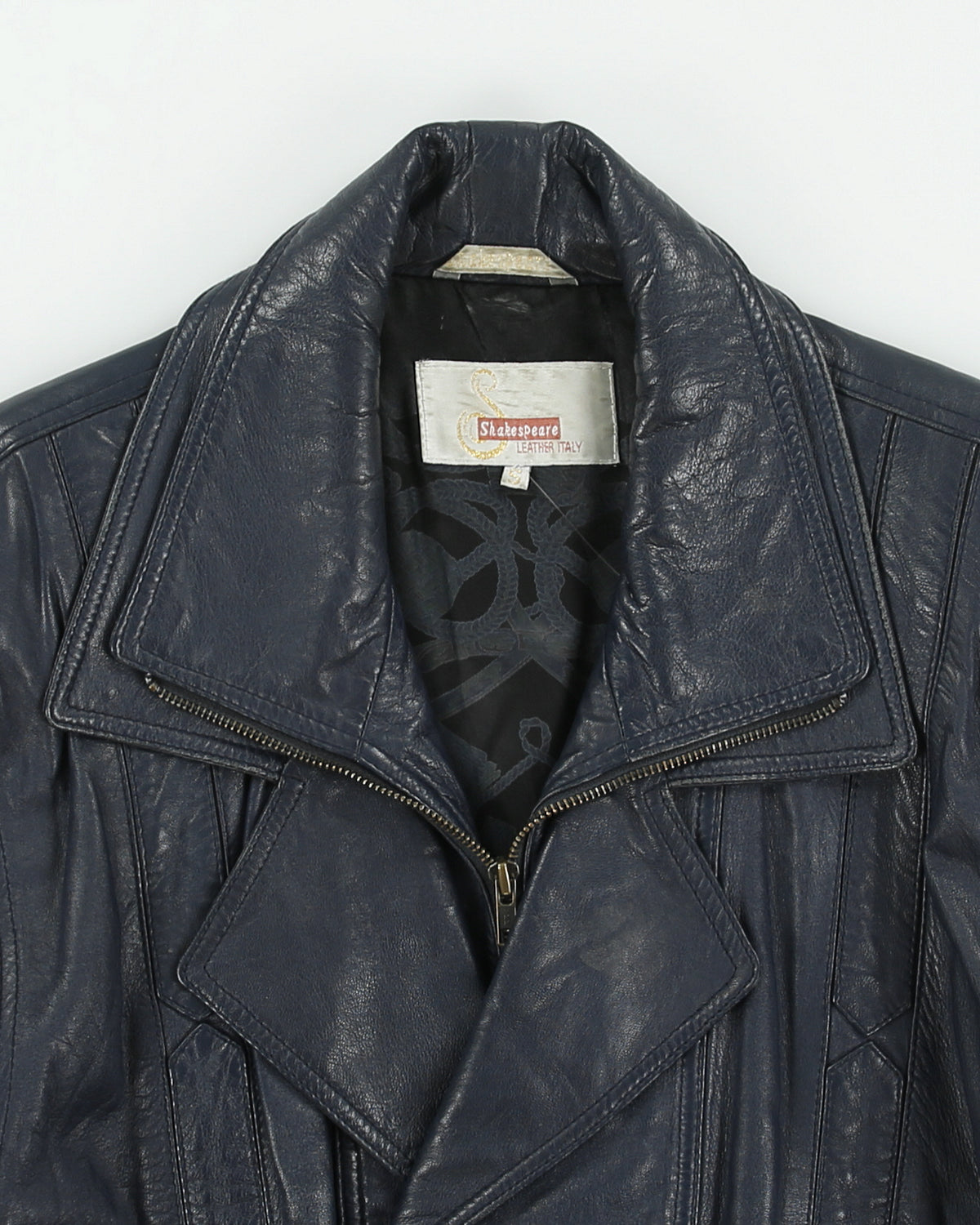 Vintage 1980s Shakespeare Italy Navy Calfskin Leather Double Breasted Bomber Jacket - S