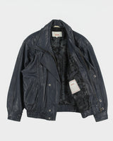 Vintage 1980s Shakespeare Italy Navy Calfskin Leather Double Breasted Bomber Jacket - S