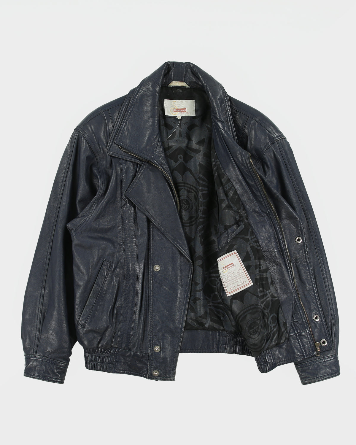 Vintage 1980s Shakespeare Italy Navy Calfskin Leather Double Breasted Bomber Jacket - S