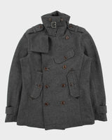 Vintage Y2K 00s Diesel Marl Grey Wool Blend Lambskin Detailed Double Breasted Peacoat - S
