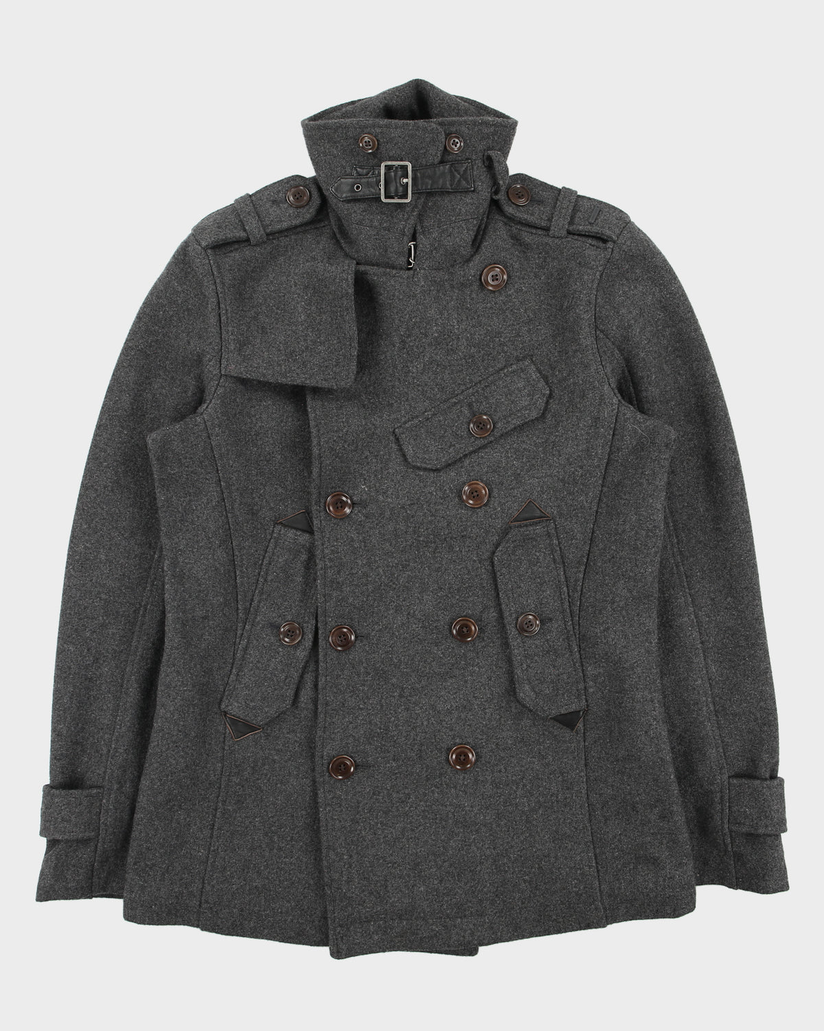 Vintage Y2K 00s Diesel Marl Grey Wool Blend Lambskin Detailed Double Breasted Peacoat - S
