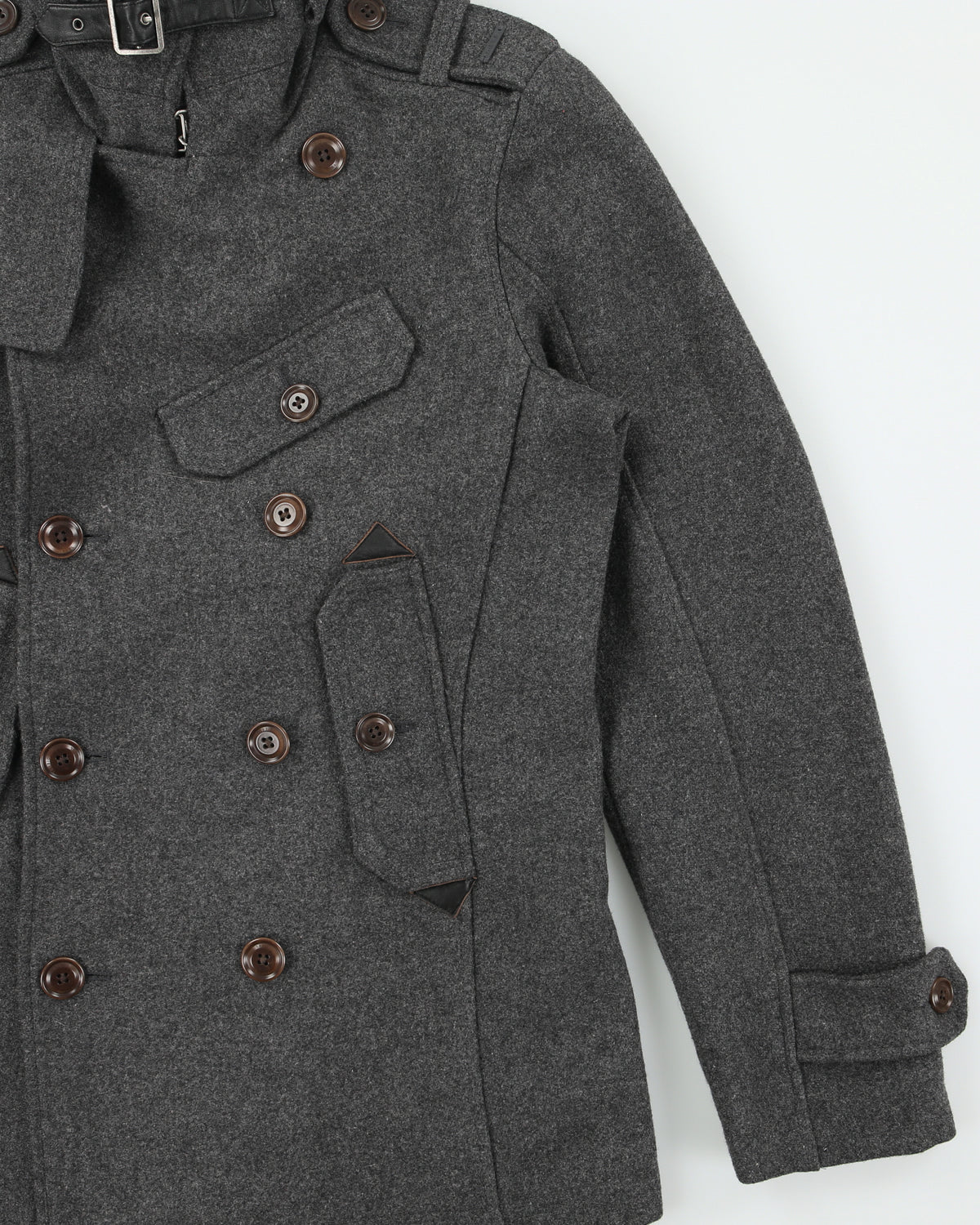 Vintage Y2K 00s Diesel Marl Grey Wool Blend Lambskin Detailed Double Breasted Peacoat - S