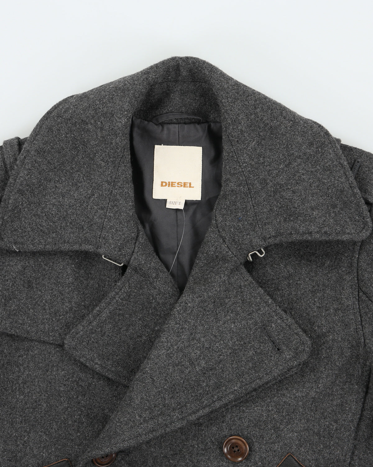 Vintage Y2K 00s Diesel Marl Grey Wool Blend Lambskin Detailed Double Breasted Peacoat - S