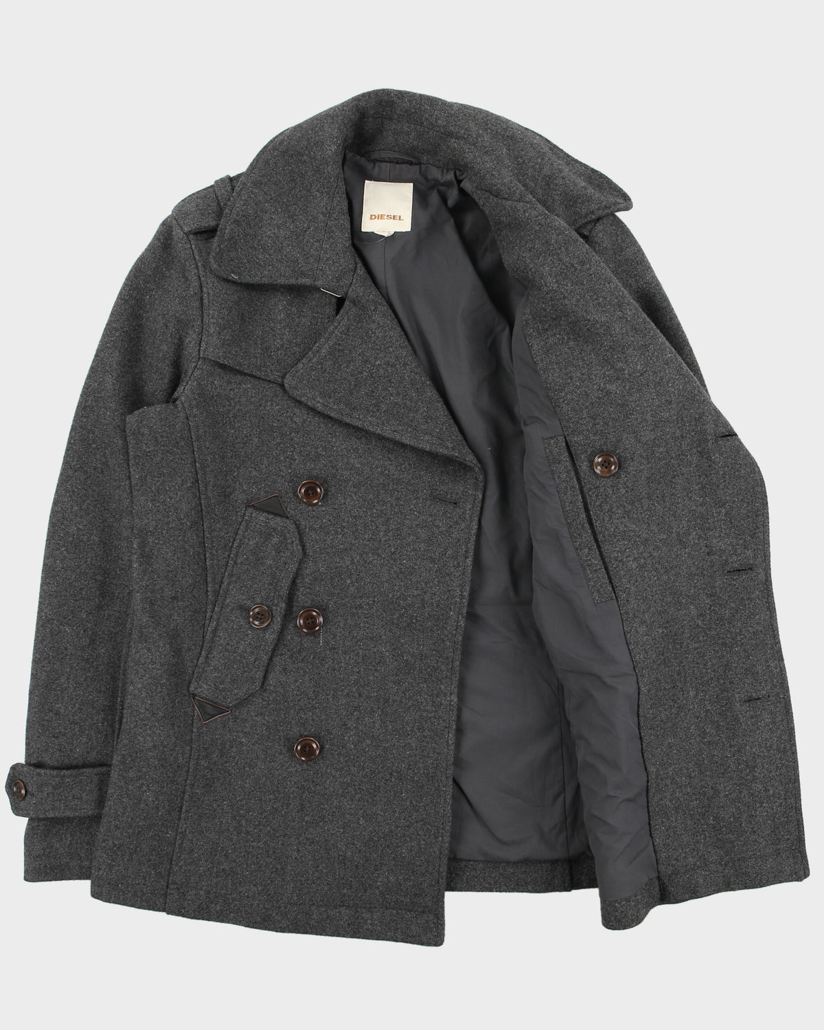Vintage Y2K 00s Diesel Marl Grey Wool Blend Lambskin Detailed Double Breasted Peacoat - S