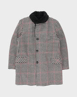Vintage 1980s Sears Houndstooth Wool Faux Shearling Lined Mid Length Over Coat - L