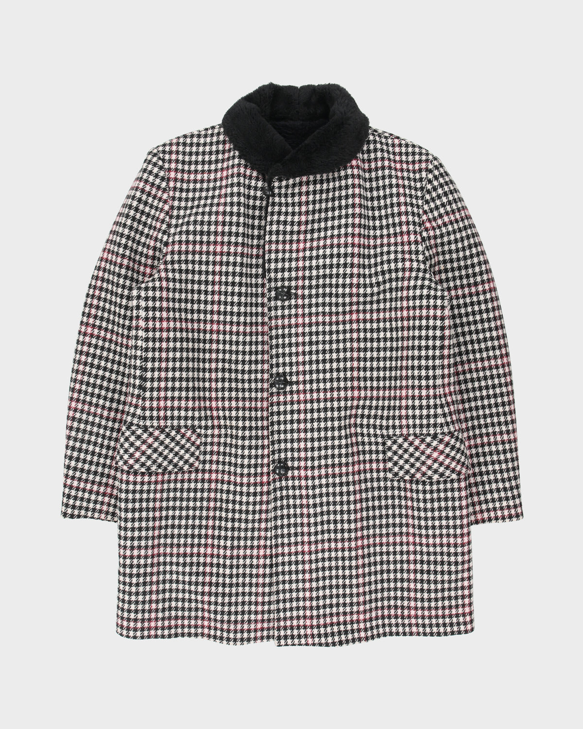 Vintage 1980s Sears Houndstooth Wool Faux Shearling Lined Mid Length Over Coat - L