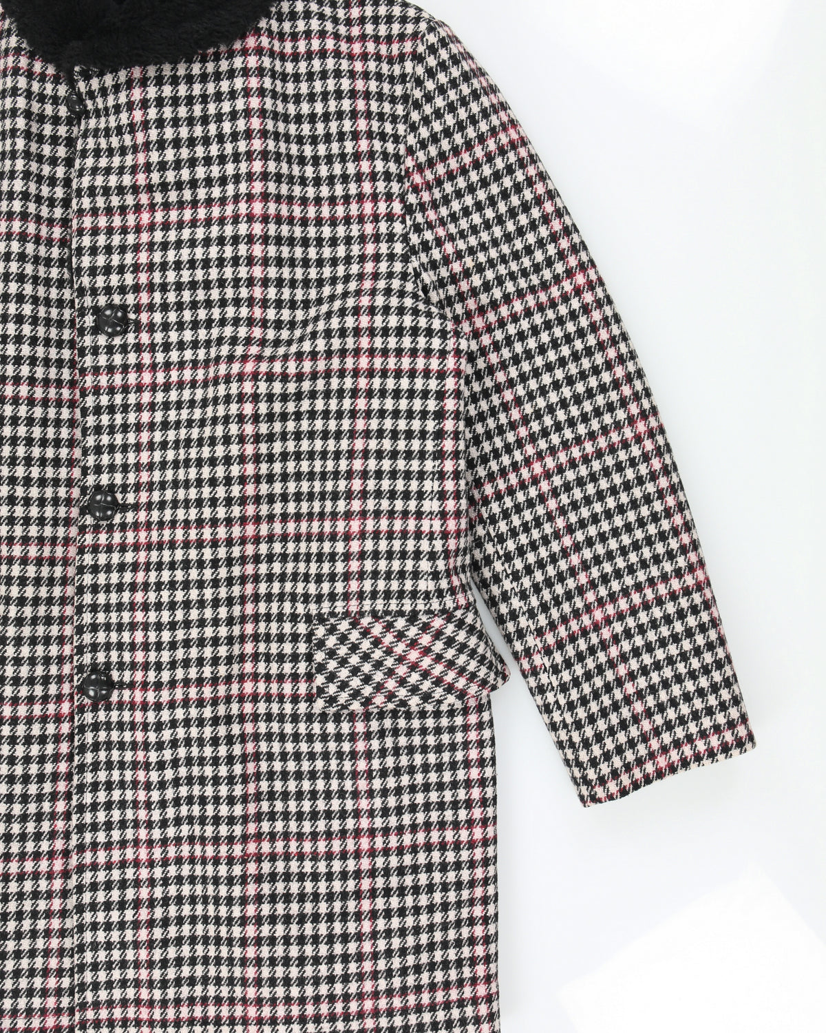 Vintage 1980s Sears Houndstooth Wool Faux Shearling Lined Mid Length Over Coat - L