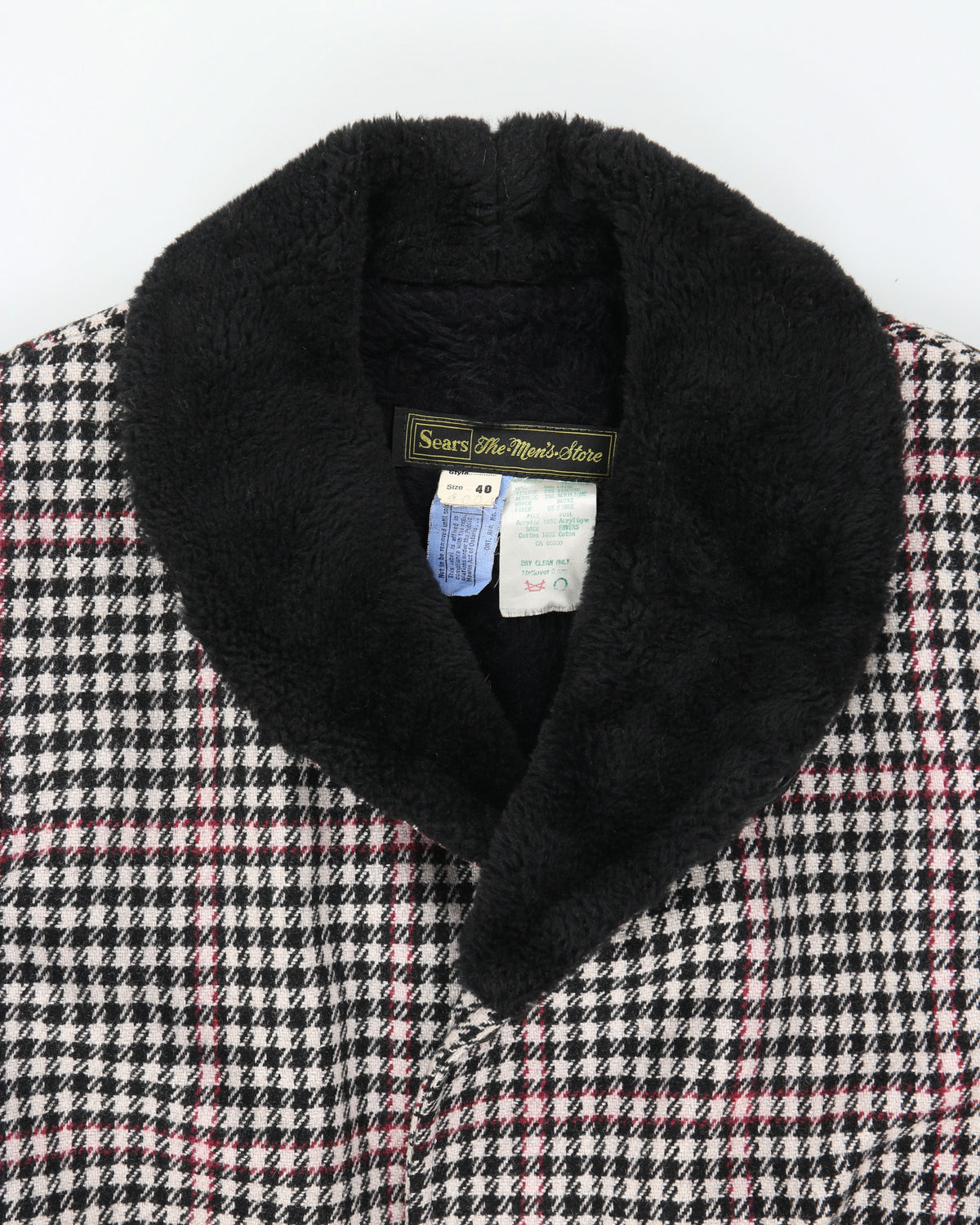 Vintage 1980s Sears Houndstooth Wool Faux Shearling Lined Mid Length Over Coat - L