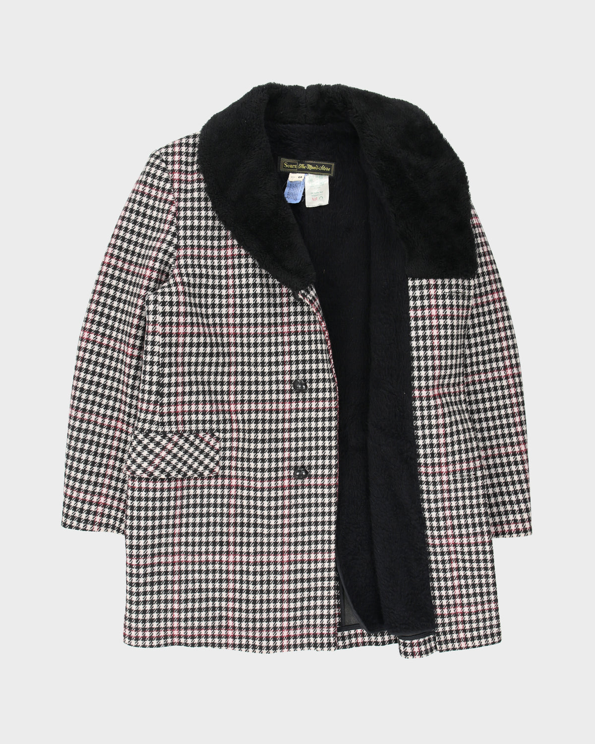Vintage 1980s Sears Houndstooth Wool Faux Shearling Lined Mid Length Over Coat - L