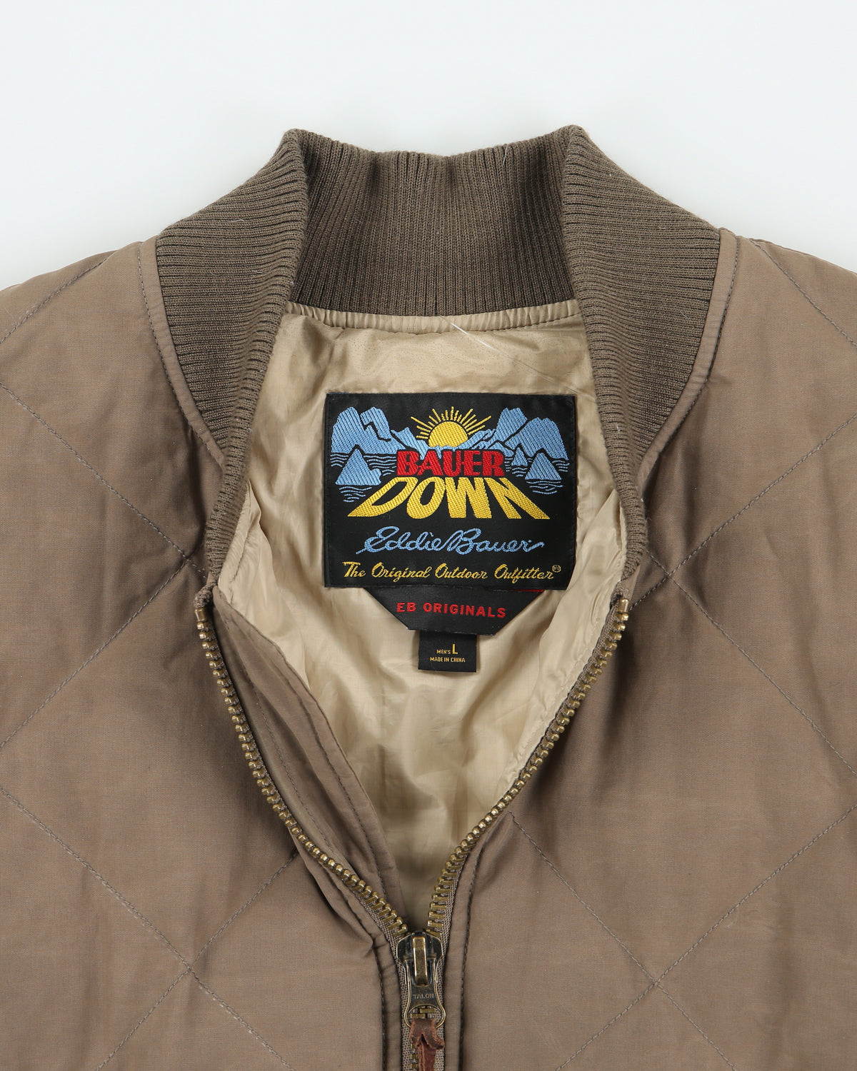 Eddie Bauer Khaki EB Originals 1936 Skyliner Goose Down Diamond Quilt Bomber Jacket - L