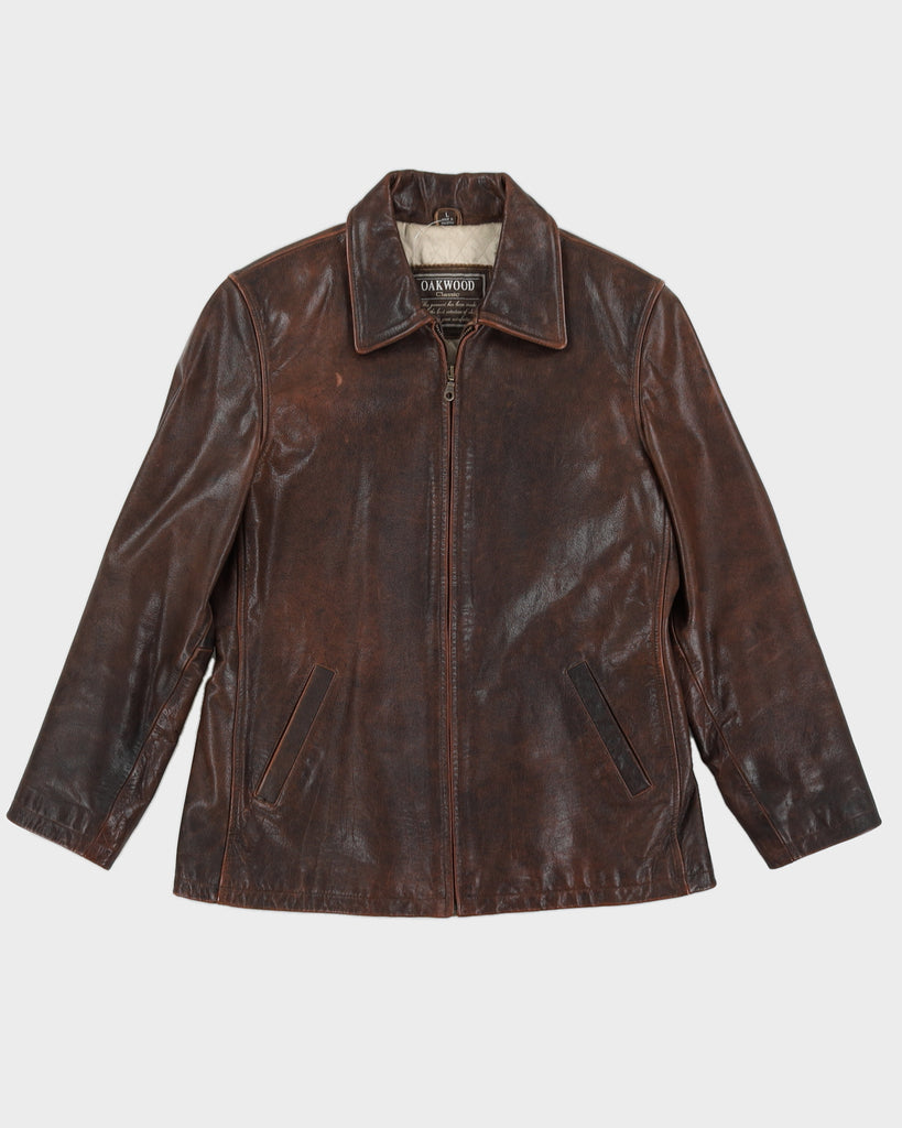 Vintage 80s Oakwood Classics Brown Zip Up Leather Jacket - L – Rokit