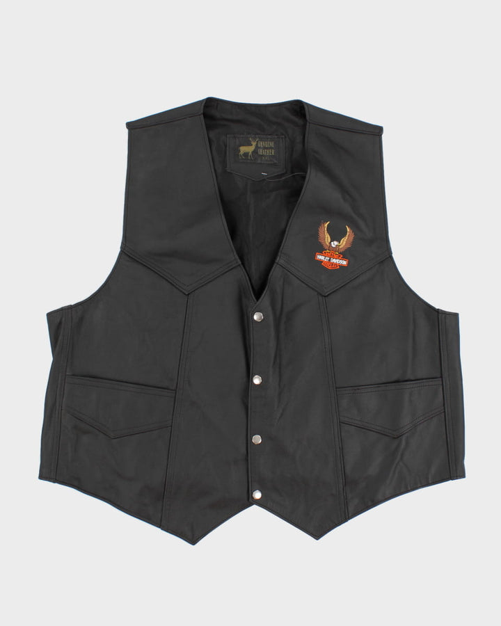 Vintage 90s Leather Waistcoat With Harley Davidson Embroidery - XXL