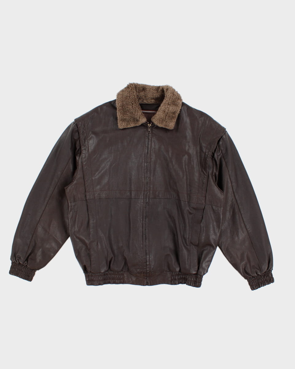 Fleece Lined Brown Leather Jacket - L