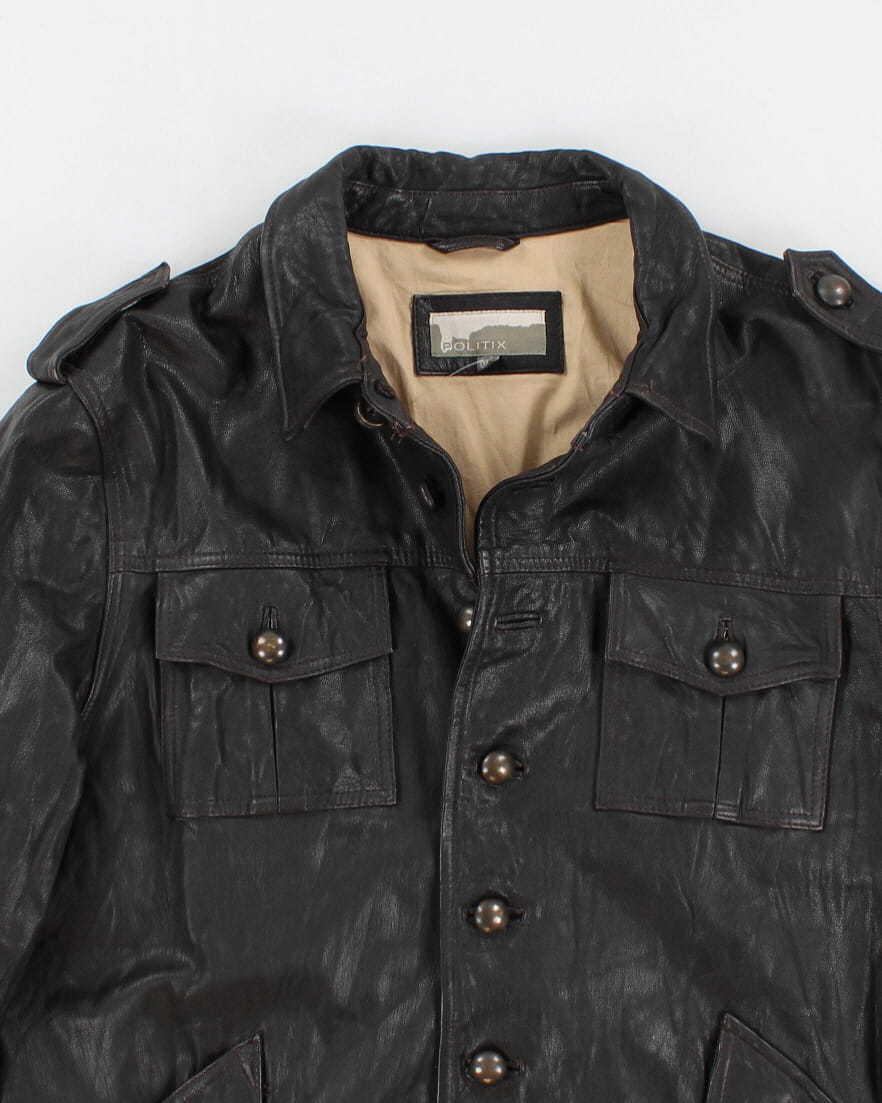 Men's Vintage Chunky Button Black Leather Jacket - XL