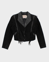 Vintage Western Black Suede Leather Fringe Jacket - S