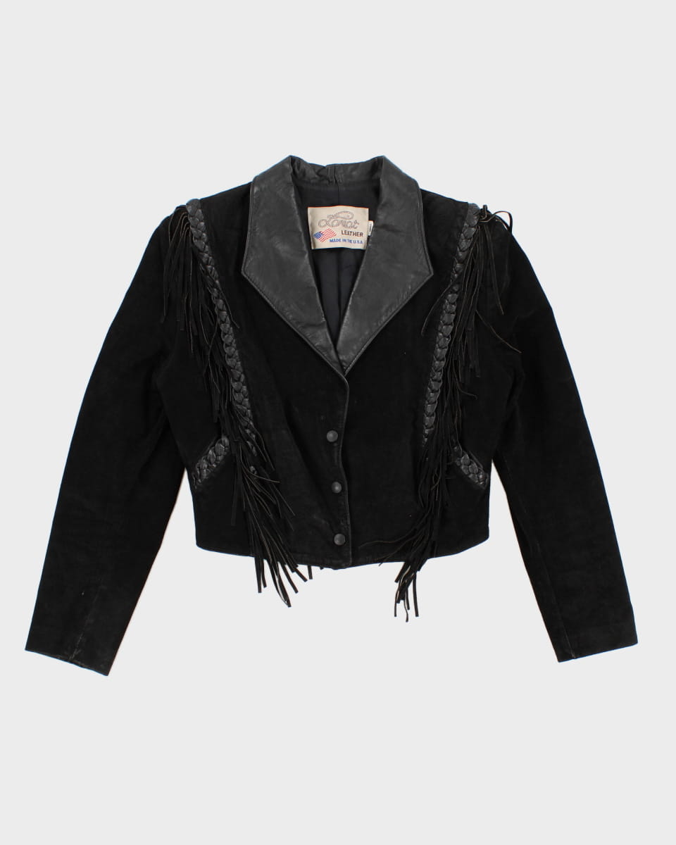 Vintage Western Black Suede Leather Fringe Jacket - S