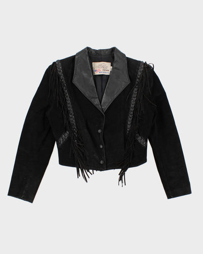 Vintage Western Black Suede Leather Fringe Jacket - S