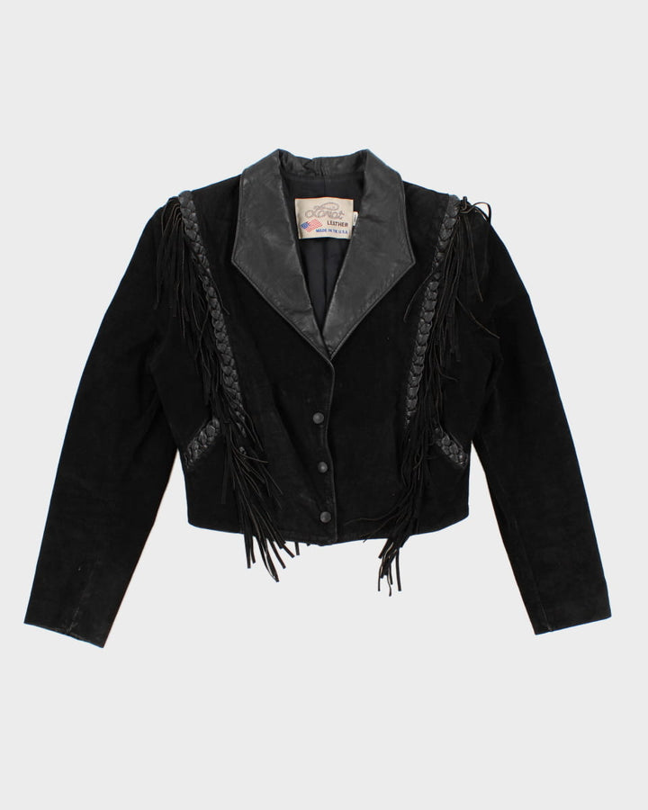 Vintage Western Black Suede Leather Fringe Jacket - S