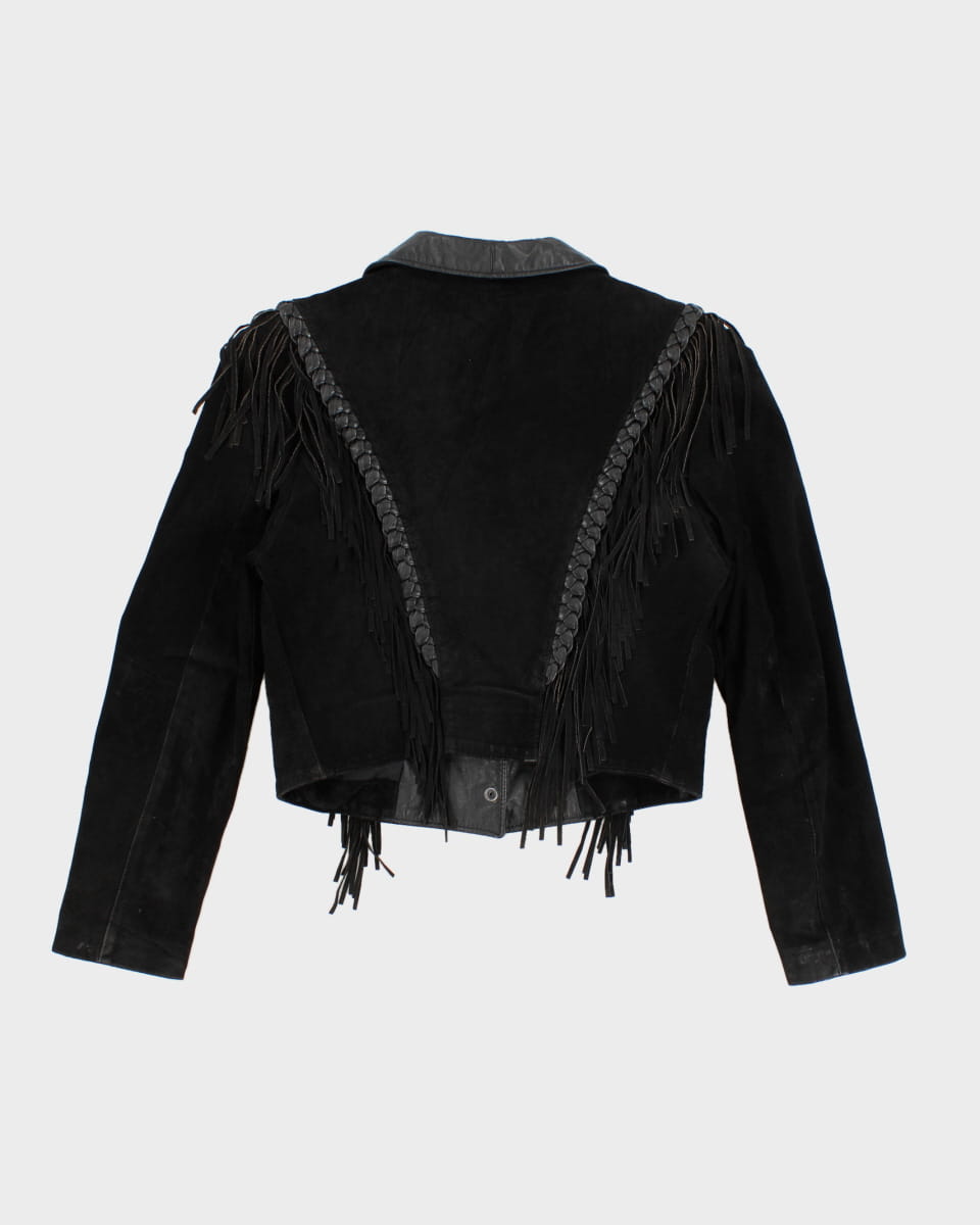 Vintage Western Black Suede Leather Fringe Jacket - S