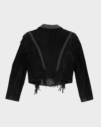 Vintage Western Black Suede Leather Fringe Jacket - S