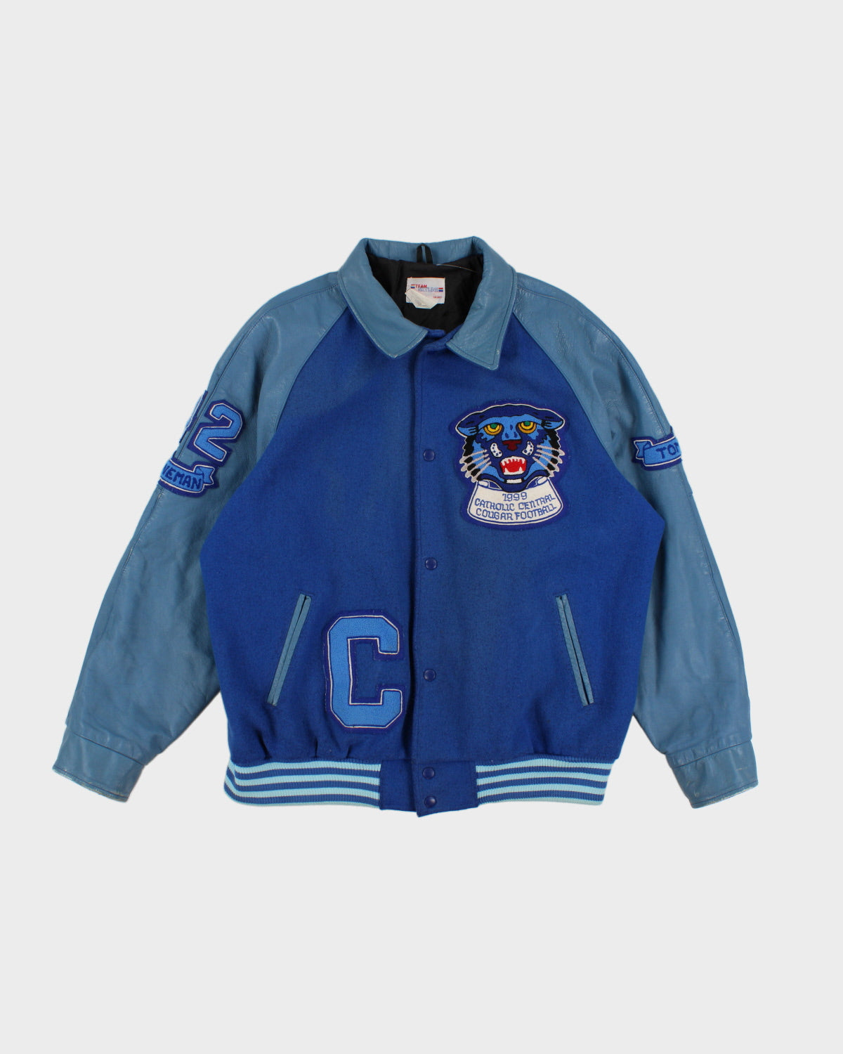 Mens Blue Leather and Wool Bomber Jacket with Tiger patch - L