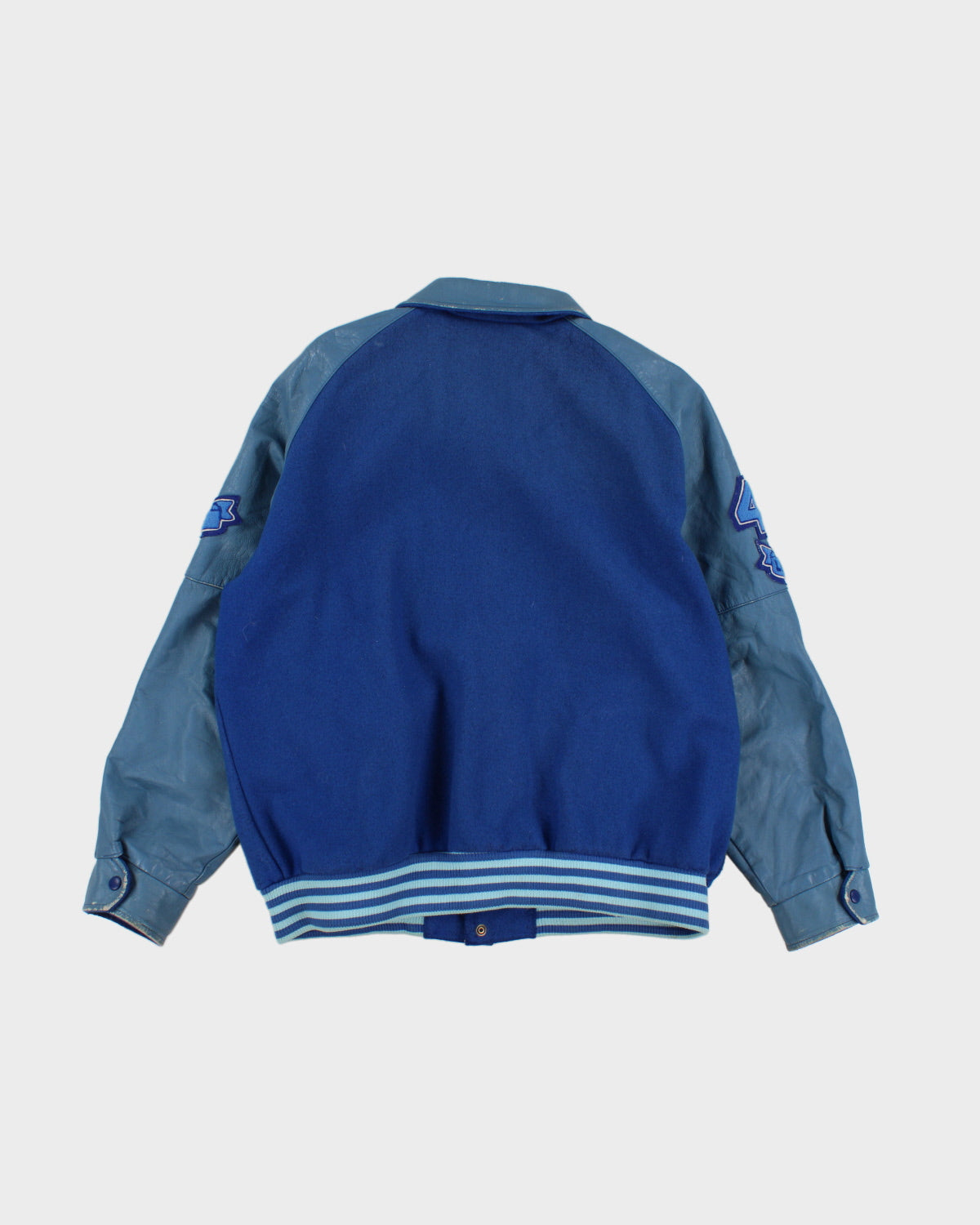 Mens Blue Leather and Wool Bomber Jacket with Tiger patch - L