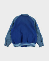 Mens Blue Leather and Wool Bomber Jacket with Tiger patch - L