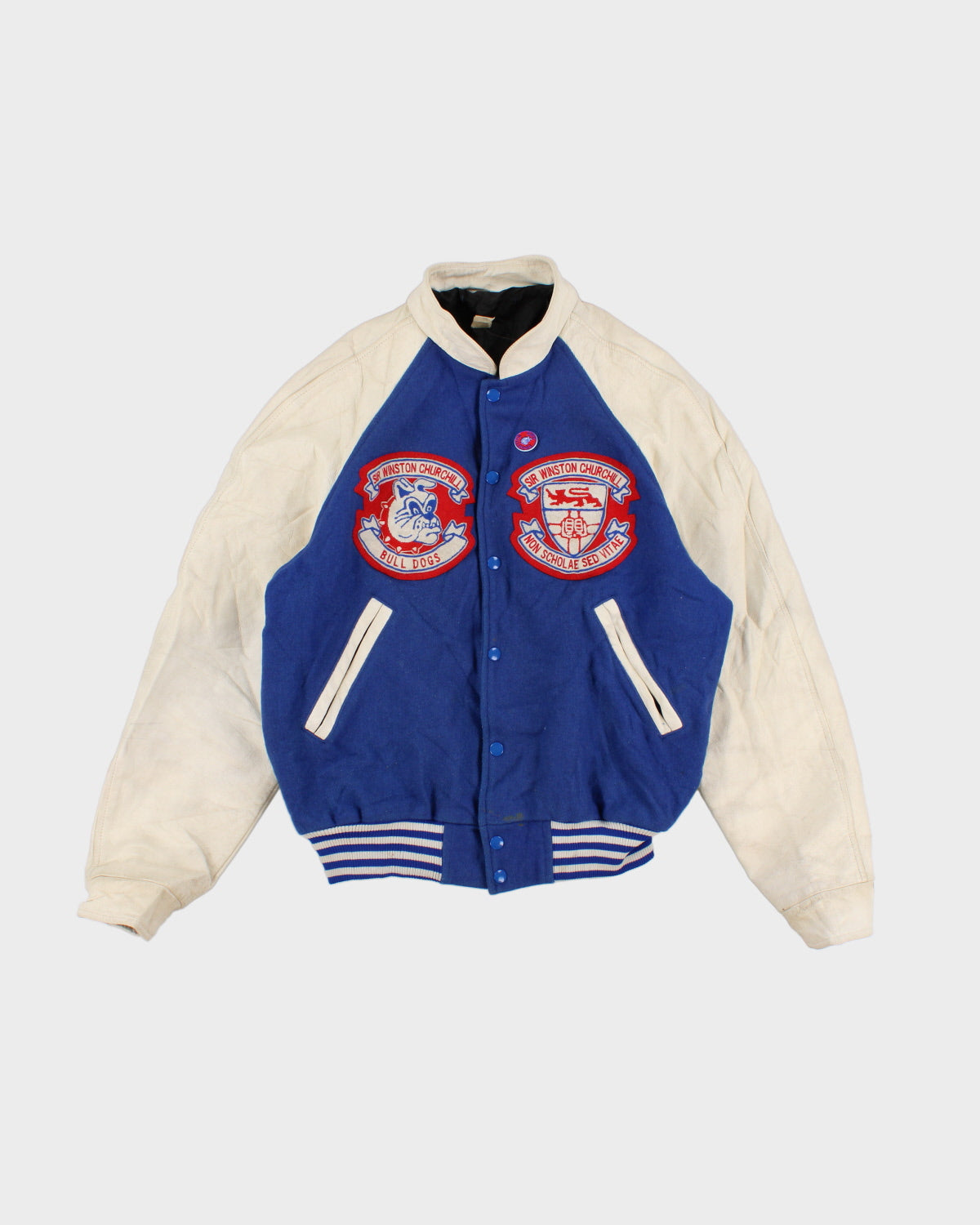 Mens Vintage Leather and Wool Blue and White Patch Bomber Jacket - M