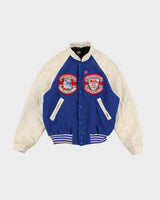 Mens Vintage Leather and Wool Blue and White Patch Bomber Jacket - M
