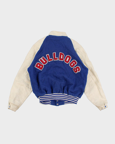 Mens Vintage Leather and Wool Blue and White Patch Bomber Jacket - M