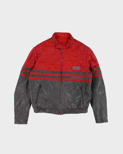Mens 1980s Grey and Red Leather Racing Jacket - M